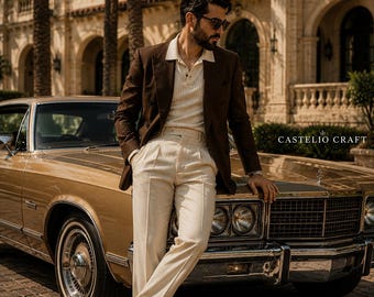 CASTELIOCRAFT Brown & Cream Retro Suit for Men Vintage 70s Inspired Double Breasted Blazer Luxury Old Money Formal Outfit