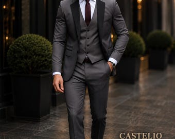 Traje de 3 piezas para hombre CASTELIOCRAFT color gris carbón. Elegante esmoquin de boda de corte ajustado. Traje formal de negocios de lujo.