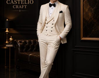 Men's Ivory Terry Rayon 3 Piece Tuxedo Suit | Double Breasted Vest Formal Wedding Suit | Luxury Groom Dinner Jacket | Custom tailored