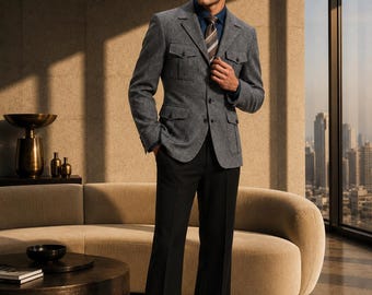 CASTELIO CRAFT Men's Grey Wool Safari Jacket & Black Terry Rayon (TR) Trousers  Handmade Luxury Formal Outfit | Tailored Smart Casual Blazer