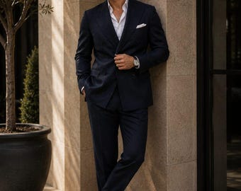 CASTELIOCRAFT Navy Blue Linen Double-Breasted Suit for Men Luxury Summer Linen Suit Elegant Wedding & Resort Wear
