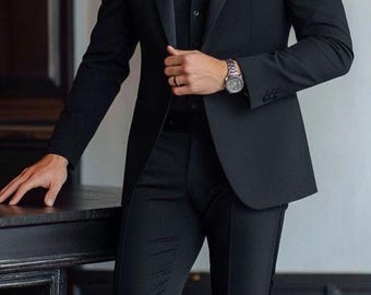 CASTELIOCRAFT Black 2-Piece Suit for Men Elegant Formal Wedding Suit Luxury Business Party Blazer Set