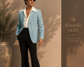 Luxury Sky Blue 2-Piece Retro Suit Outfit Suit for Men, Vintage Disco Outfit, Korean Fashion Blazer, Stylish Flared Pants Party Wear