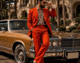 CASTELIOCRAFT Burnt Orange Retro Suit for Men 70s Vintage Double Breasted Suit Luxury Disco Inspired Formal Outfit Statement Party Wear