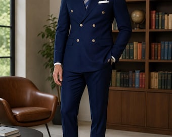 Terno masculino CASTELIOCRAFT azul royal de abotoamento duplo, elegante e formal, para casamentos, eventos corporativos e festas de luxo.