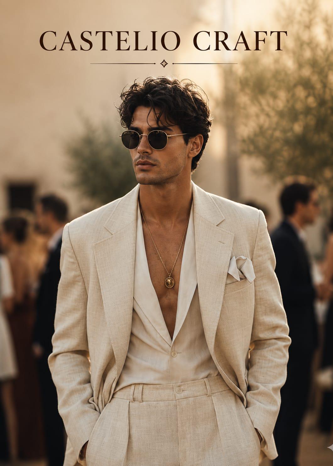 CASTELIOCRAFT Beige Linen Suit for Men2-Piece Linen Suit Luxury Summer Linen Outfit Relaxed Beach Wedding & Resort Wear