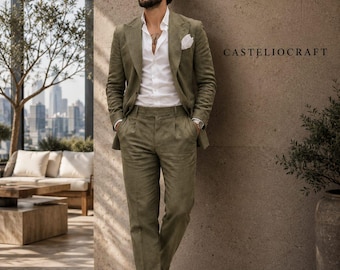 CASTELIOCRAFT Olive Green Linen 2-Piece Suit for Men Luxury Summer Linen Suit | Elegant Resort & Beach Wedding Outfit