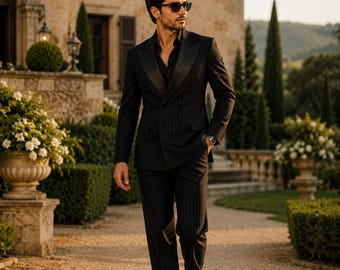 Men's Black Pinstripe Terry Rayon Double-Breasted Suit | Luxury Formal Wedding Suit for Men Old Money Business Suit Custom Tailored Menswear