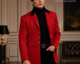 Blazer de cuello de terciopelo rojo para hombre de CASTELIOCRAFT. Chaqueta formal de lujo a medida. Blazer de noche elegante para bodas y fiestas.