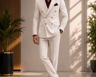 CASTELIOCRAFT White Pinstripe Double-Breasted Suit for Men Elegant Formal Wedding Suit Luxury Vintage Business Blazer Set