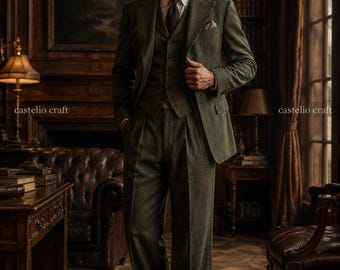 Men's Olive Green Tweed 3 Piece Suit | Handmade Herringbone Tweed Suit | Vintage British Wool Style Suit  | Classic Gentleman Tailored Suit
