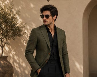 CASTELIOCRAFT Olive Linen Blazer for Men  Casual Luxury Summer Blazer  Smart Resort Style Jacket