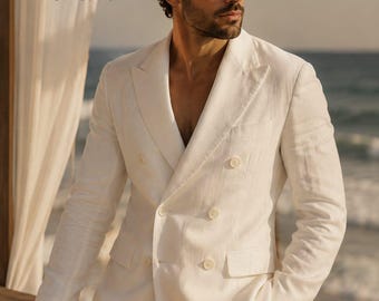 CASTELIOCRAFT Men's Blush Pink Linen 2-Piece Suit | Old Money Yacht Party Outfit Luxury Summer Wedding Suit for Men Beach Wedding Linen Suit