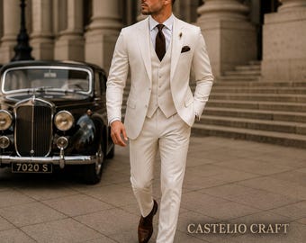 Men's White Terry Rayon Three-Piece Suit | Elegant Wedding Suit for Men | Luxury Old Money Formal Outfit | Custom Tailored Menswear