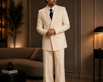 CASTELIOCRAFT Cream Double Breasted Suit for Men Luxury Wide Leg Formal Suit Old Money Wedding Tuxedo Vintage 70s Menswear Gift
