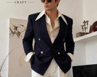 CASTELIOCRAFT Navy Blue Linen Blazer for Men Luxury Double Breasted Summer Jacket Elegant Casual Formal Menswear