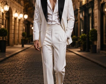 Men's White Terry Rayon Two-Piece Tuxedo Suit Black Shawl Lapel Wedding Suit for Men | Old Money Formal Blazer Set Custom Tailored Menswear