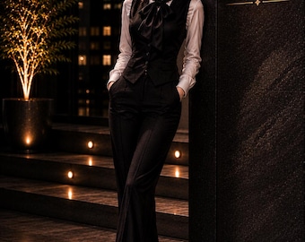 Conjunto de traje de negocios de tres piezas negro para mujer. Ropa de oficina de lujo para mujer. Elegante atuendo formal corporativo. Chaleco a medida y pantalón de pierna ancha.