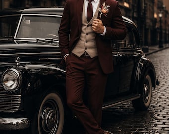 CASTELIOCRAFT Burgundy 3-Piece Wedding Suit for Men Vintage Inspired Formal Tuxedo Elegant Groom Reception Outfit