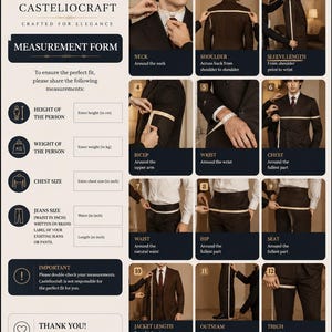 May include: A Casteliocraft measurement form infographic featuring twelve numbered instructional panels demonstrating how to measure neck, shoulder, sleeve, bicep, wrist, chest, waist, hip, seat, jacket length, outseam, and thigh for custom clothing.