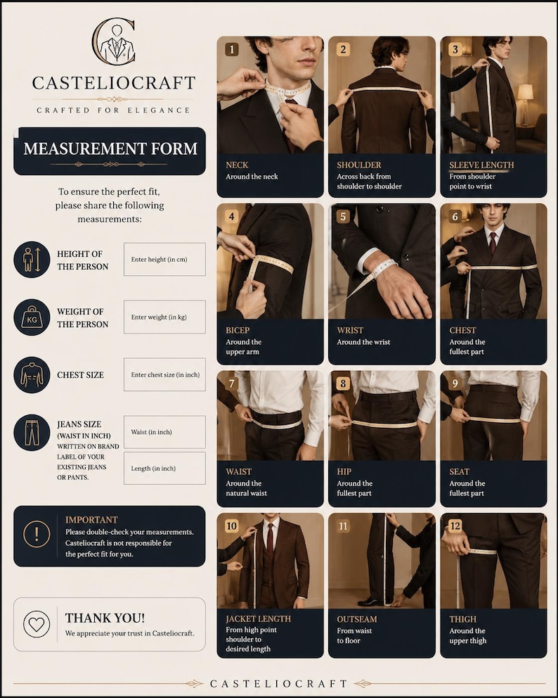 May include: A Casteliocraft measurement form infographic featuring twelve numbered instructional panels demonstrating how to measure neck, shoulder, sleeve, bicep, wrist, chest, waist, hip, seat, jacket length, outseam, and thigh for custom clothing.