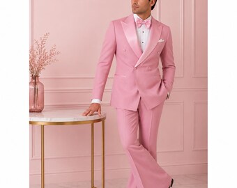 CASTELIOCRAFT Pink Double Breasted Suit for Men Luxury Wide Leg Tuxedo Retro 70s Wedding Suit Elegant Formal Party Outfit
