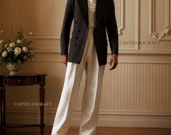 CASTELIOCRAFT Black & Ivory Vintage Suit for Men | Retro Double Breasted Blazer | Wide Leg Formal Trousers | 70s inspired menswear