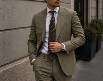 CASTELIOCRAFT Olive Green Linen Suit for Men | Luxury Summer Wedding Outfit Elegant Tailored Formal Menswear Premium Business Casual Suit
