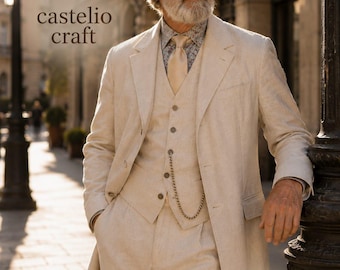 Beige Linen 3-Piece Suit with Long Overcoat for Men | Old Money Wedding Attire | Vintage Gentleman Formal Wear | Luxury Linen Tailored Set