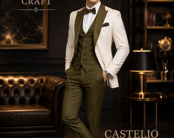 Men's Ivory & Olive Green Terry Rayon 3 Piece Tuxedo Suit Wedding Suit Luxury Groom Formal Dinner Jacket Custom Tailored Black Tie Menswear