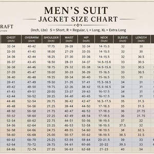 May include: A Castelio Craft jacket size chart for suits, featuring a table with columns for size, chest, overarm, shoulder, waist, hip, neck, sleeve, length, height, and weight in inches and pounds, ranging from sizes S to 6XL for various measurements.
