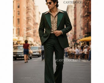CASTELIOCRAFT Green 70s Vintage Suit for Men Retro Wide Leg Disco Suit Olive Green Formal Outfit Old Money Style Gift for Him