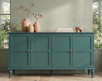 Mid Century Modern Sideboard Buffet Cabinet, Green Wood Storage Cabinet, 4 Door Coffee Bar Cabinet, Entryway Console Cabinet