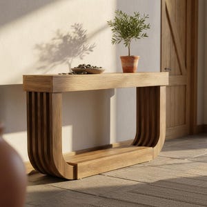May include: A light brown wooden console table with a curved base and vertical slats on the sides. A small potted plant and a bowl of decorative items sit on the tabletop. The table is in a well-lit room.