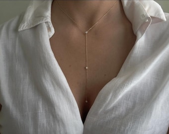 Y-shaped necklace with long rhinestones - Gold-plated stainless steel - Tie necklace - Women's necklace - Gift for women - Y-shaped necklace - long necklace, gift idea