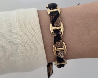 Jonc ruban leopard maille marine acier inoxydable doré ,jonc femme, cadeau femme, jonc acier inoxydable, maille marine