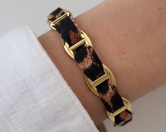 Jonc ruban leopard maille marine acier inoxydable doré ,jonc femme, cadeau femme, jonc acier inoxydable, maille marine