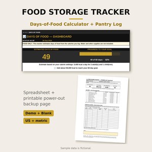 Può includere: Un foglio di calcolo digitale per il monitoraggio delle scorte alimentari con una dashboard che mostra una stima di 49 giorni, una barra di avanzamento e una pagina stampabile per il registro della dispensa.