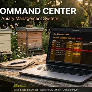May include: A laptop displaying "Hive Command Center" software sits on a wooden table with a notebook, pen, and a mug labeled "Apiary." The background features beehives and a garden, with text that reads "The Complete Apiary Management System."