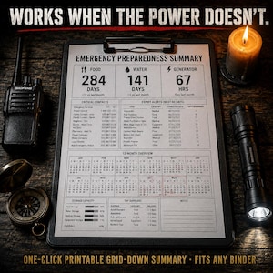 May include: An emergency preparedness summary on a clipboard, with a radio, compass, flashlight, and lit candle. The summary includes data on food, water, and generator supplies, critical contacts, and expiry alerts. Text reads "WORKS WHEN THE POWER DOESN'T."
