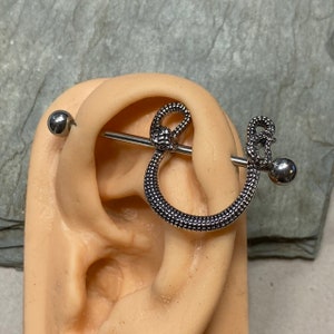 Industrial Barbell - Antiqued Silver Snake Adornment - Double Pierced Earring - 16G or 14G 1 1/4” to 2” Scaffold Piercing