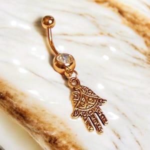 Gold Fatima Hand Belly Button Ring: Jeweled Barbell