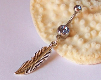 Charm Belly Button Ring - Body Jewelry Piercing - Curved Barbell - Navel Piercing - Silver Long Feather