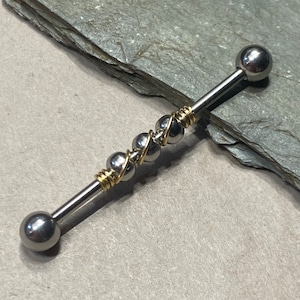 Barre d'haltères industrielle - Piercing pour échafaudage 14G 1 1/4" à 2" - Wrap en argent sterling ou en or rose ou jaune 14 carats - Piercing pour le haut de l'oreille