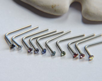 Crystal Nose Pin - 2.5mm Prong Set Crystal 18G - Long or Short Bar Nose Bone L Shaped - 10 COLORS - Lip Labret Monroe Snakebite Piercing