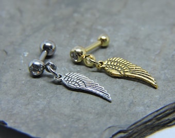 Cartilage Ring - Tragus Helix Upper Ear Cartilage Piercing - Angel Wing Dangle - 16 Gauge 1/4" Barbell - SILVER or GOLD Made to Order