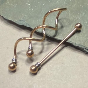 Industrial Barbell SET of 2 - 1 1/2" Straight & 1 5/8" Spiral Beaded Bars - Twisted ROSE GOLD 14G Double Ear Piercing Waved Scaffold Bar