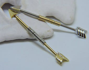 Industrial Barbell - Silver Gold Black Arrow Ear Jewelry Double Pierced Earring - Choose Wrap Color - 16G or 14G Choose Length - Industrial