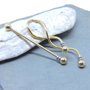 Industrial Barbell SET of 2 - 1 1/2" Straight & 1 5/8" Spiral Beaded Bars - Twisted GOLD 14G Double Ear Piercing Waved Scaffold Bar