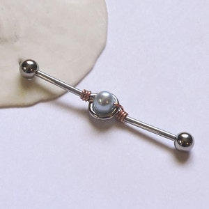 Industrial Barbell - Genuine BLUE Pearl - Looped Industrial Barbell - Wire Wrap1 1/4" 1 3/8” 1 1/2" Cartilage Bar - Gold Sterling Rose Gold
